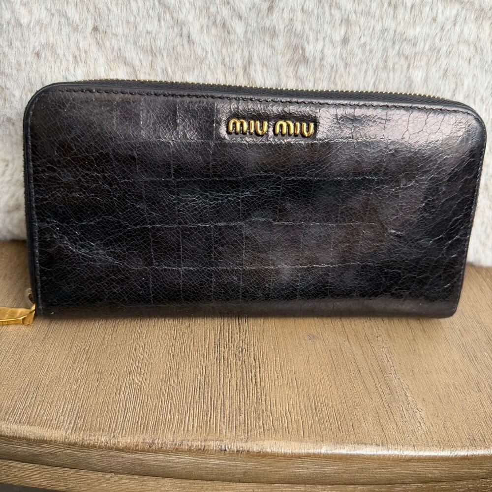 Miu Miu Leather Croc Embossed Long Zip Wallet